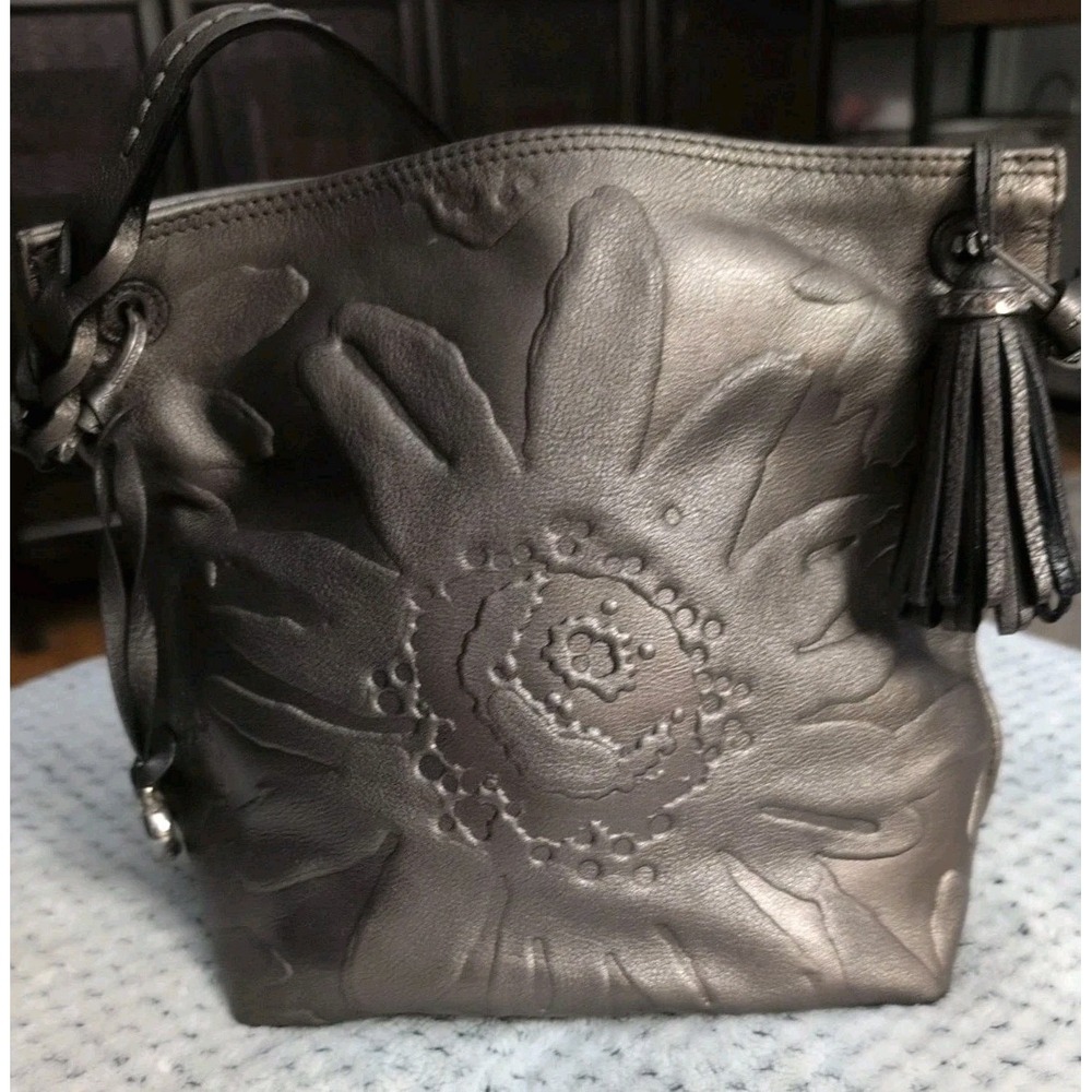 Vintage Brighton Bronze Color Leather Floral Embossed Tassel, Tag Shoulder Bag